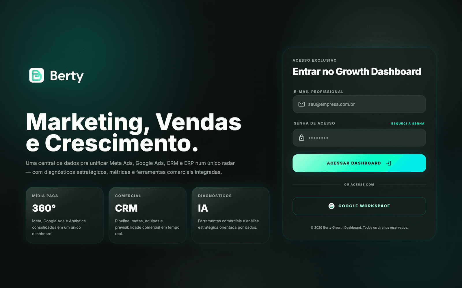 Growth Dashboard by Berty — tela de acesso da plataforma